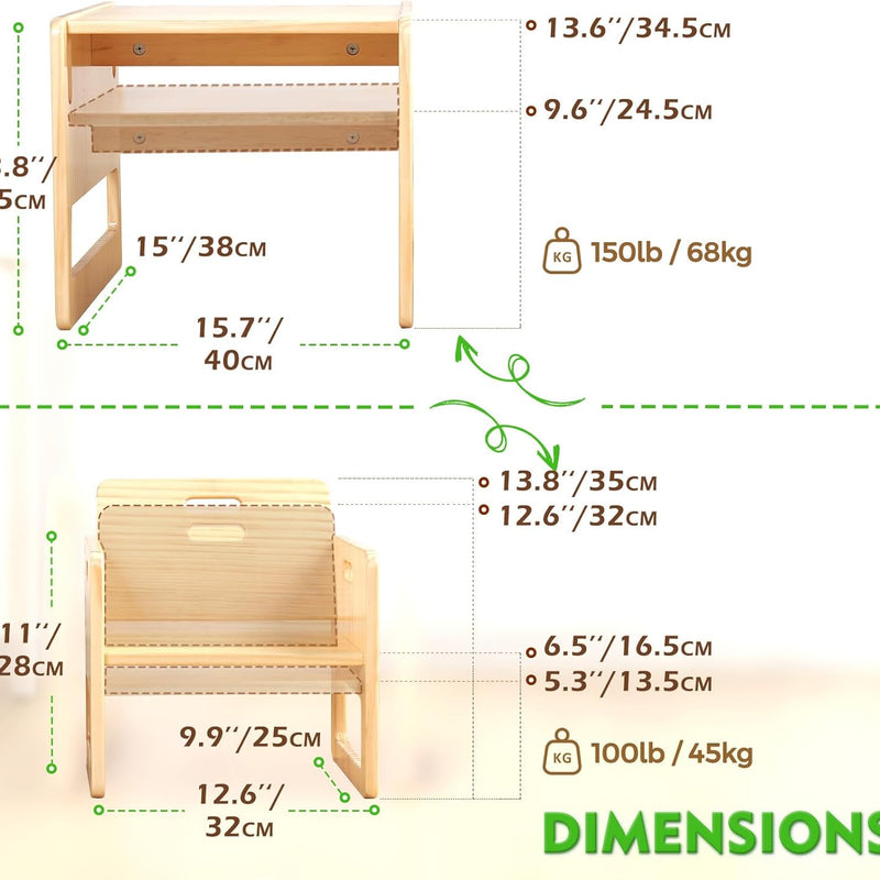 FUNLIO Montessori Weaning Table and Chair Set for Toddlers Age 1-3, Height Adjustable Toddler Table and Chair Set, Cube Kids Table Chair for Reading/Eating/Playing, Easy to Assemble, CE,CPC Certified