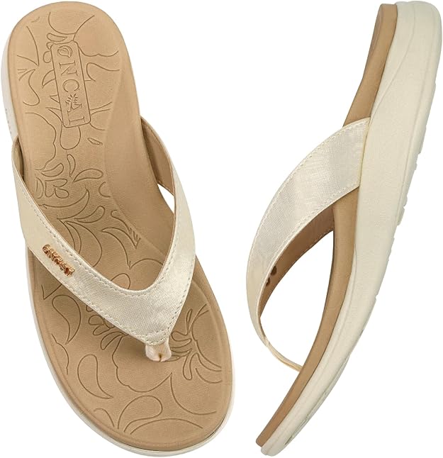 ONCAI Flip Flops for Women, Comfortable Leather Strap Orthotic Arch Support Summer Beach Flip Flops with Soft Cushion Yoga Foam Rubber Soles UK Size 3-10