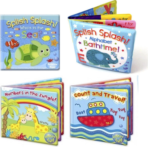 Set of 4 Baby Bath Books | First Words ABC Letters & Numbers | Plastic Coated & Padded | Floating Fun Educational Learning Toys for Toddlers & Kids