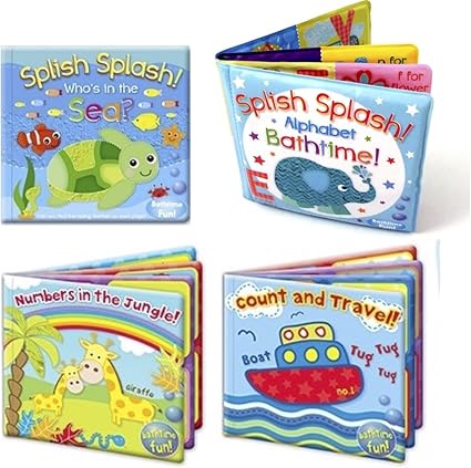 Set of 4 Baby Bath Books | First Words ABC Letters & Numbers | Plastic Coated & Padded | Floating Fun Educational Learning Toys for Toddlers & Kids