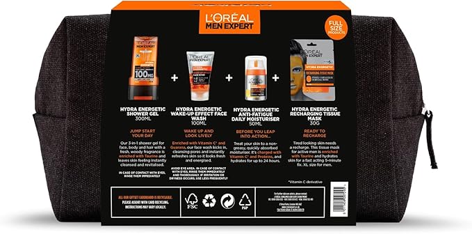 L'Oréal Paris Men Expert Fully Charged Washbag Gift Set For Him, Energising Face & Body Skincare Routine, Deep Cleanse, Revitalising, Gift Set for Men