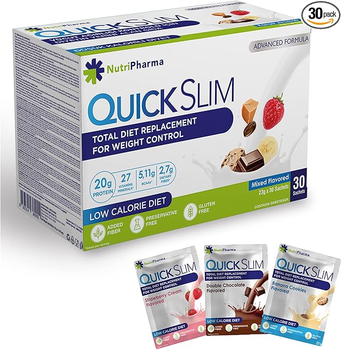 Quick Slim Meal Replacement Shake for Weight Loss, 30 Servings, 20g Protein, 27 Vitamins & Minerals, Dietary Fiber, Low Carb, Gluten Free (Mixed Flavored)