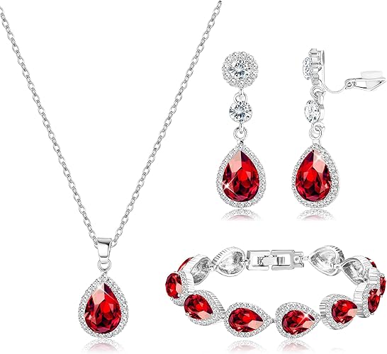 MILACOLATO Bridal Jewelry Set Wedding Crystal Necklace Bracelet Clip On Earrings Set Red Blue Rhinestone Pendant Teardrop Dangle Clip On Earrings Prom Bridal Party Bridesmaid Jewelry Set for Women