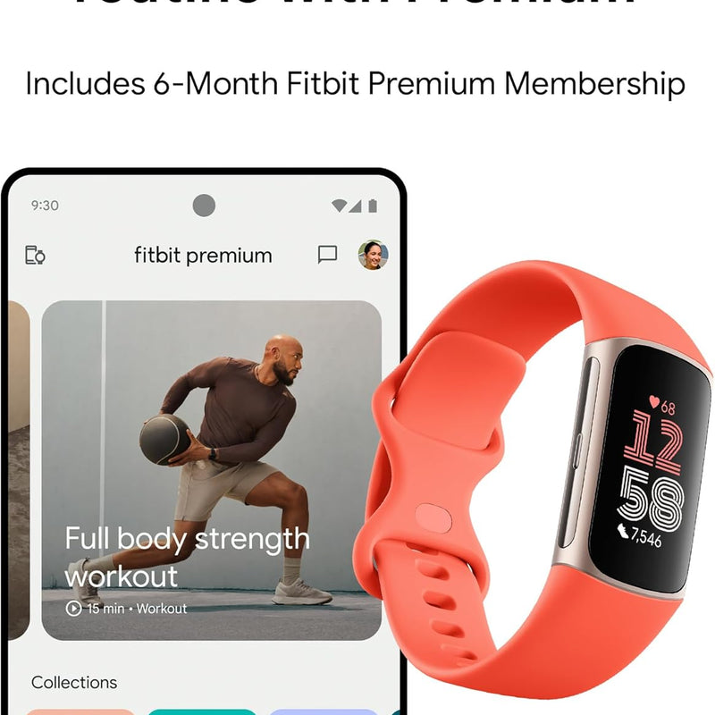 Fitbit Charge 6 Fitness Tracker with Heart Rate, GPS, Premium Membership, and Health Tools - Gold Case w/ Red Band, 1.04 Screen
