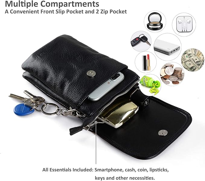 befen Genuine Leather Crossbody Bag, Cellphone Wallet, Small for Women Mini Shoulder Purse with Long Strap and Key Ring - Fit 8 Plus or Phone Less 6.5 Inch