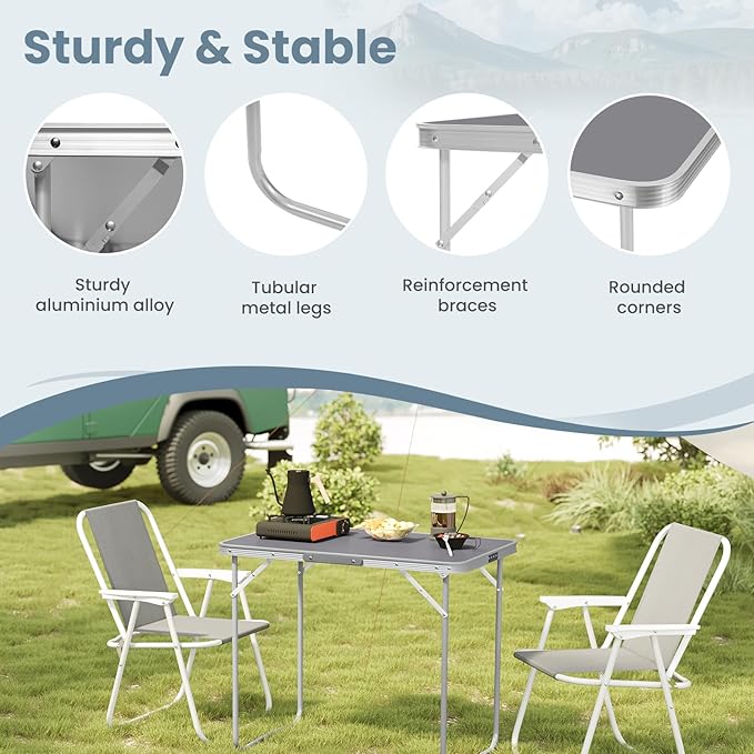 WOLTU Camping Table Folding Travel Tables with Handle 70 x 50 x 60 cm (L x W x H) Folding Garden Table Made of Aluminium and MDF for Picnic Beach Outdoor Grey
