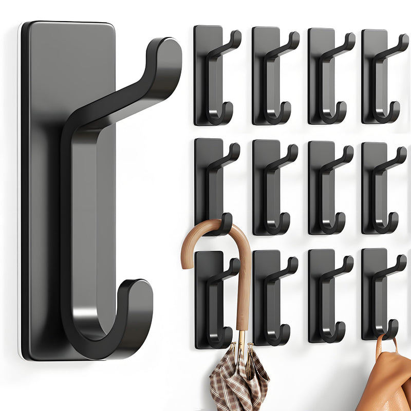 Self Adhesive Hooks, Extra Sticky and Strong, Hanging up to 6KG, Heavy Duty Stick on, No-Nail Hook for Back of Door, Black, 4 Pack