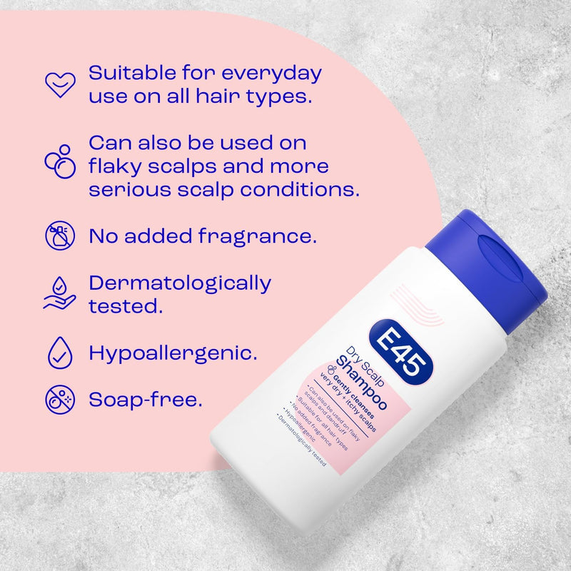 E45 Dry Scalp Shampoo for Very Dry, Itchy and Flaky Scalp - Anti Dandruff Shampoo with hydrating Vitamin B5 – Free from fragrance, soap and perfume 200ml