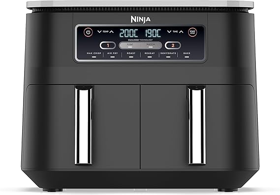 Ninja Foodi Dual Zone Digital Air Fryer, 2 Drawers, 7.6L, 6-in-1, Uses No Oil, Air Fry, Max Crisp, Roast, Bake, Reheat, Dehydrate, Cooks 4-6 Portions, Non-Stick, Dishwasher Safe Baskets, Black AF300UK