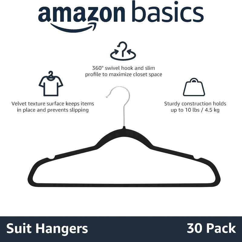Amazon Basics Slim Velvet Non-Slip Suit Hangers - 30-Pack, Black/Silver