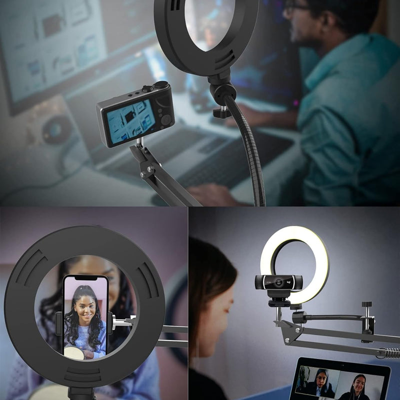 Overhead Phone Mount with Ring Light, Flexible Articulating Phone Arm Stand Compatible with iPhone, Logitech Webcam, Desk Tripod for YouTube Live Stream Cooking Nail Video Recording