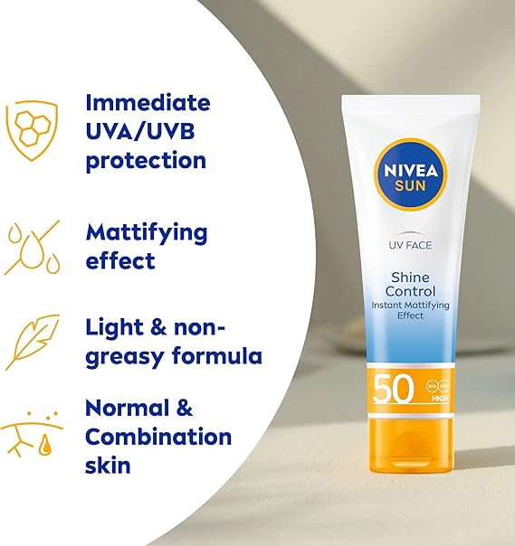 NIVEA Sun UV Face Shine Control SPF 50 Cream (50ml), Sun Cream Protects Against UVA/UVB Rays and Premature Skin Ageing, Sunscreen for Delicate Facial Skin