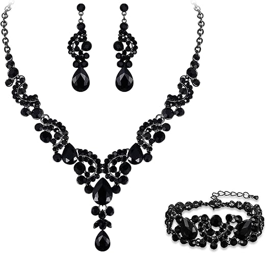 Ever Faith Wedding Jewellery Set for Women, Sparkly Rhinestone Crystal Vintage Floral Teardrop Brides Bridal Necklace Earrings Bracelet Sets Prom Party Costume Jewelry 3 Pcs
