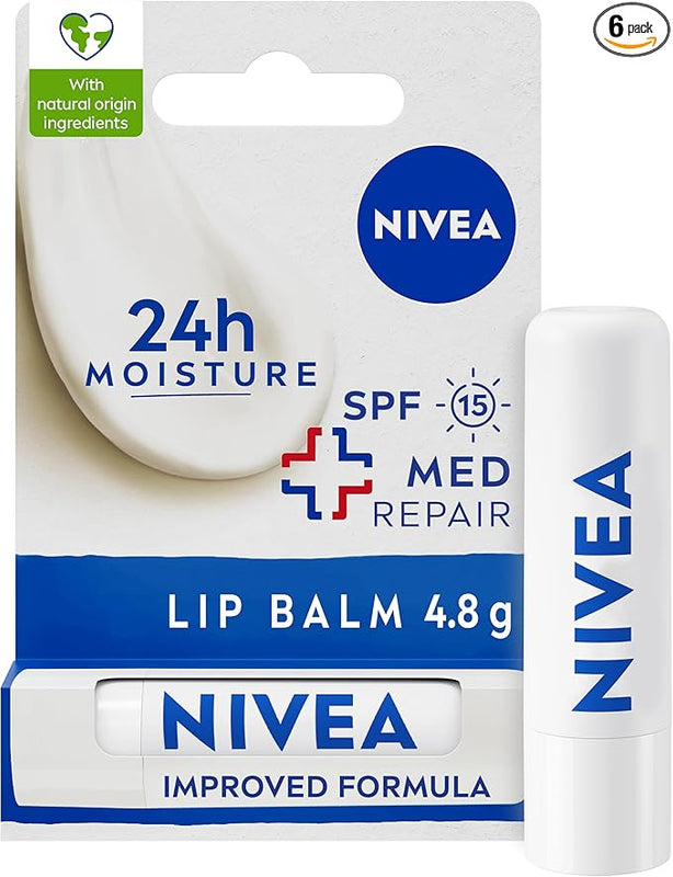 NIVEA Repair & Care Lip Balm SPF 15 (4.8g), Lip Care with Natural Origin Ingredients, Shea Butter, and Vitamins, Relieves Chapped Lips with 24h Moisture