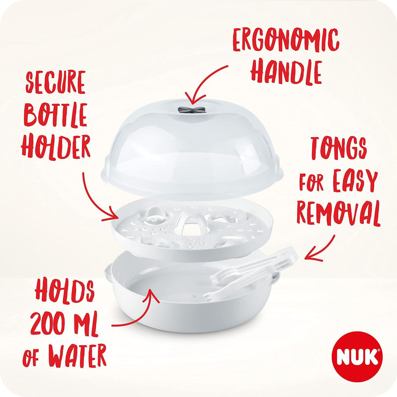NUK Micro Express Plus Microwave Bottle Steriliser | Sterilises up to 4 Baby Bottles & Accessories in 4 Minutes | Fits Most Microwaves | Tongs for Hygienic Removal