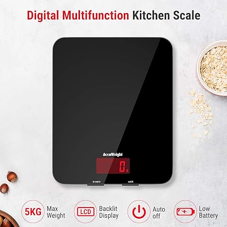 ACCUWEIGHT 201 Digital Kitchen Scales with Tempered Glass Platform (Batteries included), Electronic Weighing Food Scale with Backlit LCD, Multifunction for Office School Home Baking Cooking, 5kg/11lb