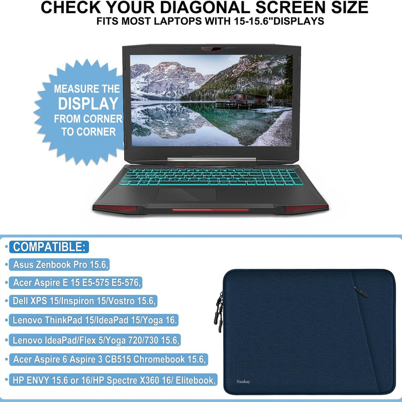 15.6 inch Laptop Sleeve Case, Shockproof Protective Computer Sleeve Cover with Accessories Pocket, Water Resistant Traveling Carrying Laptop Bag Compatible for MacBook Dell HP Acer Lenovo, Dark Blue