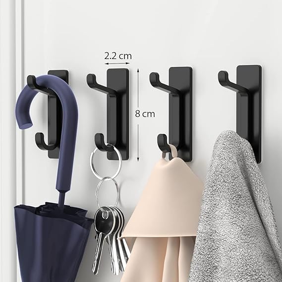Self Adhesive Hooks, Extra Sticky and Strong, Hanging up to 6KG, Heavy Duty Stick on, No-Nail Hook for Back of Door, Black, 4 Pack