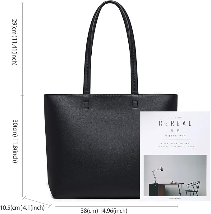 MEEGIRL Ladies Tote Bags Simple PU Leather Handbags Work School Shopping Bags for Women with Zip and Inner Pocket (Black)