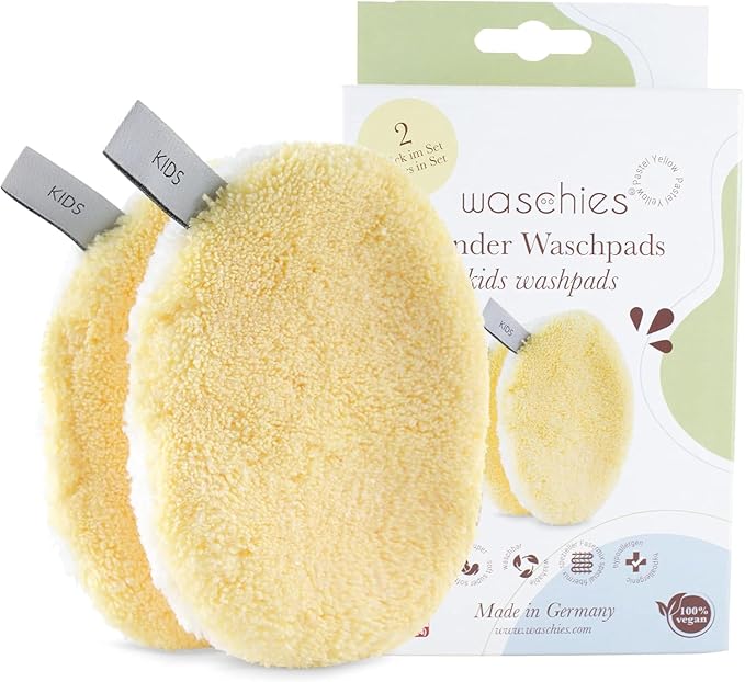 waschies Kids Wash Pads for Babies & Children – Set of 2, Pastel Yellow - Super Soft & Reusable for Gentle Cleansing with Water Only - Hypoallergenic Fibre Mix, Suitable for Delicate & Sensitive Skin