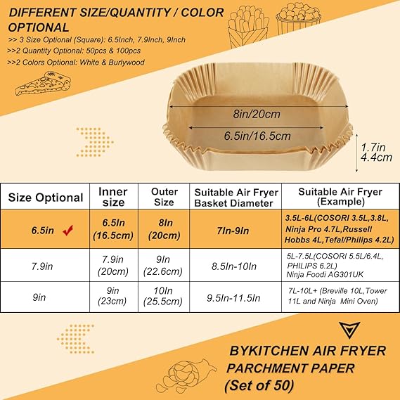 BYKITCHEN Air Fryer Parchment Paper Liner, 50PCS Square Air Fryer Liners Disposable, Greaseproof Paper, Compatible with COSORI, Ninja, Tefal, Russell Hobbs Fryers (Unbleached)