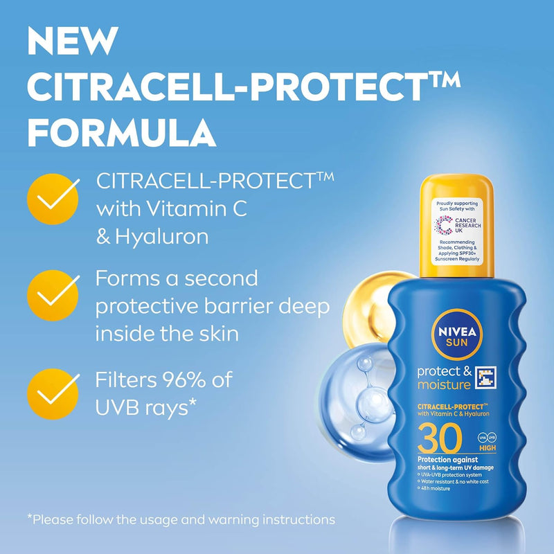 NIVEA SUN Protect & Moisture Sun Spray SPF 30 (200 ml), Moisturising Suncream Spray with SPF 30, Advanced Sunscreen Providing Immediate UVA + UVB Protection, Fast-Absorbing No White Cast Formula
