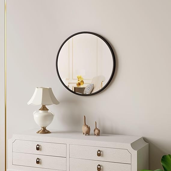 WOLTU Wall Mirror φ 50 cm with Black Frame, Modern Round Hanging Mirror for Bathroom Bedroom Living Room Hallway, Made of Metal MDF, MB6094sz02