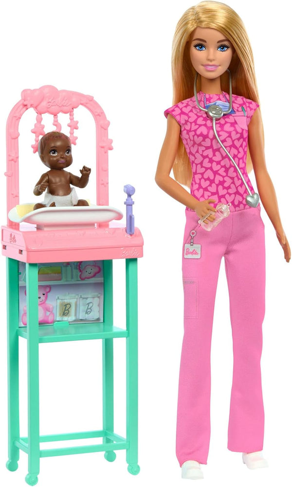 Barbie Baby Doctor Doll with Blonde Fashion Doll Wearing Pink Scrubs, 1 Baby Doll with Baby Accessories & Furniture, JCR72