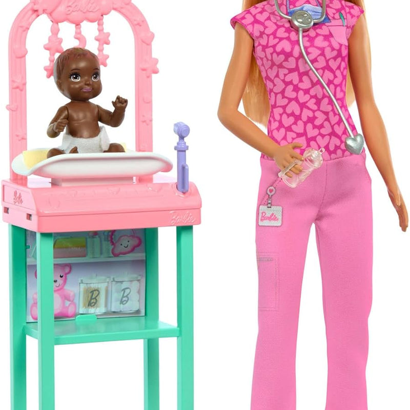 Barbie Baby Doctor Doll with Blonde Fashion Doll Wearing Pink Scrubs, 1 Baby Doll with Baby Accessories & Furniture, JCR72