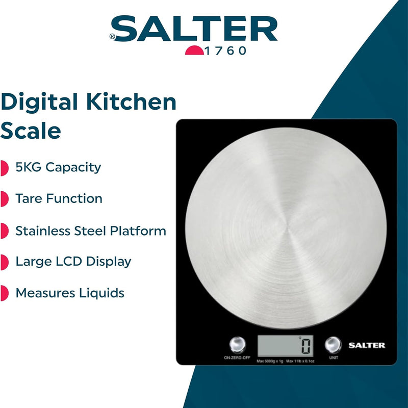 Salter Digital Kitchen Weighing Scales – Stylish Slim Design Electronic Cooking Scale for Home + Kitchen, Weigh Food 5000g + Liquids in ml and fl. Oz. – Black