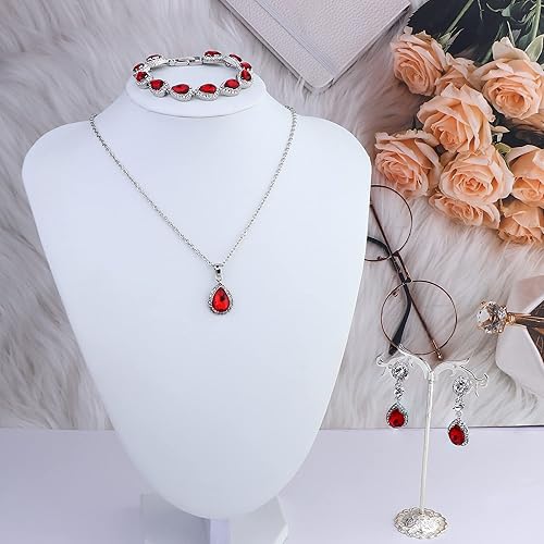 MILACOLATO Bridal Jewelry Set Wedding Crystal Necklace Bracelet Clip On Earrings Set Red Blue Rhinestone Pendant Teardrop Dangle Clip On Earrings Prom Bridal Party Bridesmaid Jewelry Set for Women