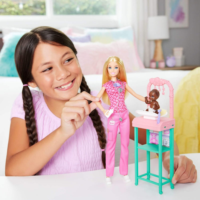 Barbie Baby Doctor Doll with Blonde Fashion Doll Wearing Pink Scrubs, 1 Baby Doll with Baby Accessories & Furniture, JCR72