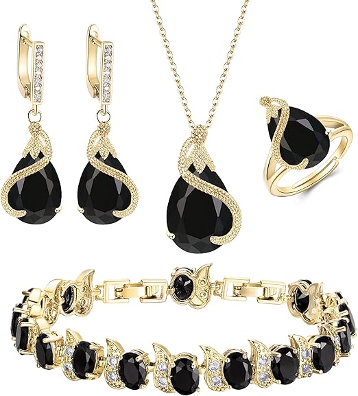 Ever Faith Women's Jewelry Set Black Jewellery Sparkly Cubic Zirconia Teardrop Necklace Earring Bracelet Ring Sets for Women Birthday Gifts 4 PCS