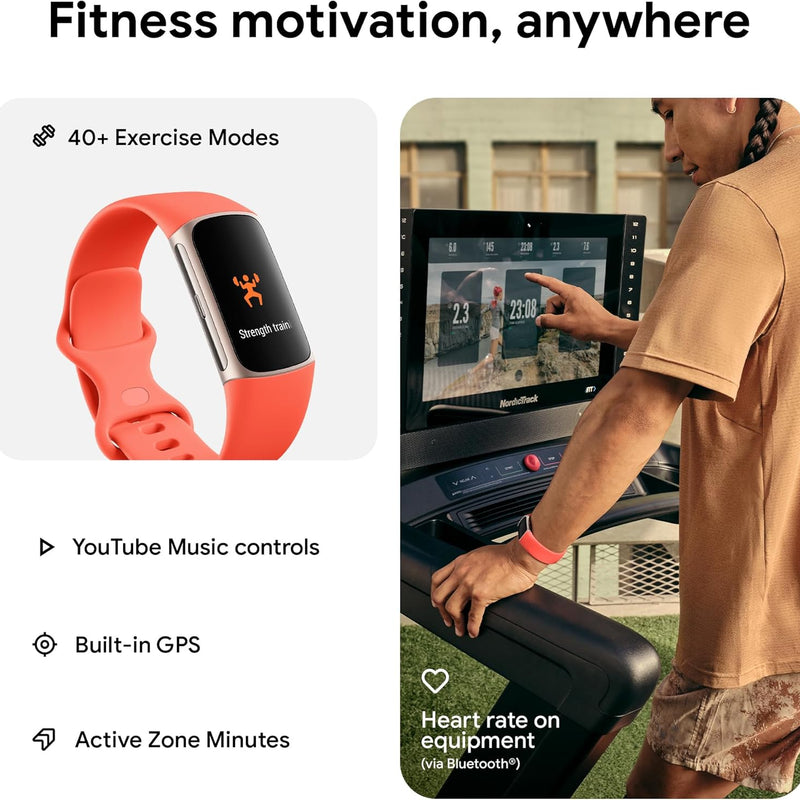 Fitbit Charge 6 Fitness Tracker with Heart Rate, GPS, Premium Membership, and Health Tools - Gold Case w/ Red Band, 1.04 Screen