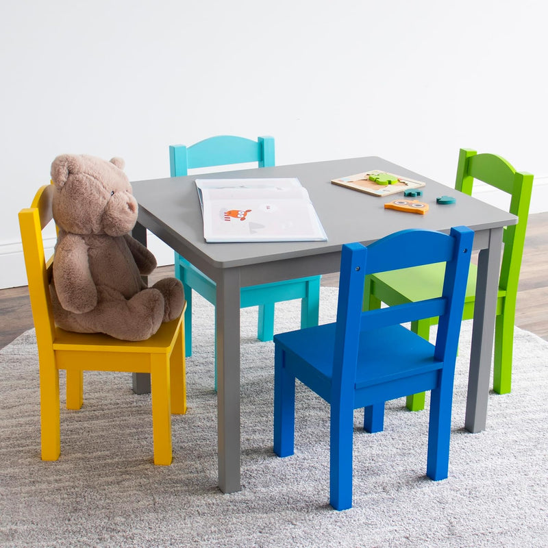 Humble Crew Elements Wooden Square Table and 2 Chairs Set for Toddlers Easy to Clean Furniture, Ideal for Learning, Playing, Eating and Crafting - Grey/Blue/Green/Yellow