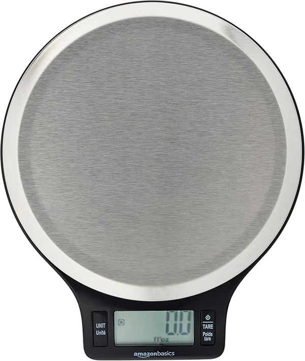 Amazon Basics Digital kitchen scales with LCD display (with batteries), Black and Stainless Steel, BPA free, Weighs up to 11 pounds