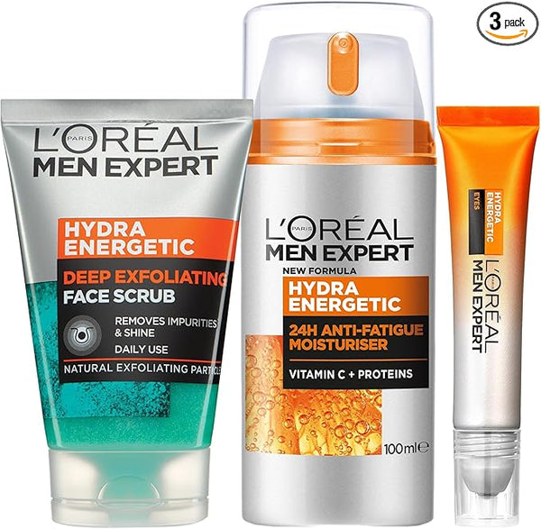 L'Oréal Men Expert Anti-Fatigue Morning Routine Skincare Kit for Men – Hydra Energetic Moisturiser XXL + Hydra Energetic Eye Roll On + Face Scrub, with Vitamin C