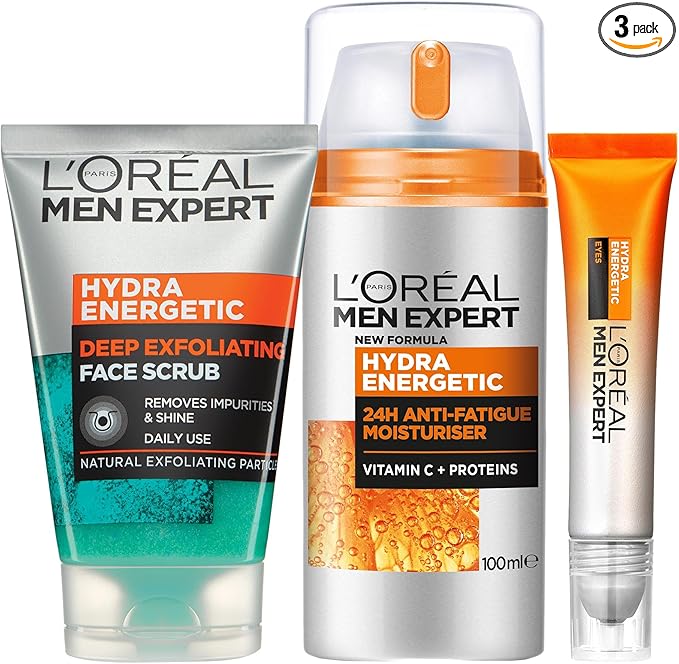 L'Oréal Men Expert Anti-Fatigue Morning Routine Skincare Kit for Men – Hydra Energetic Moisturiser XXL + Hydra Energetic Eye Roll On + Face Scrub, with Vitamin C