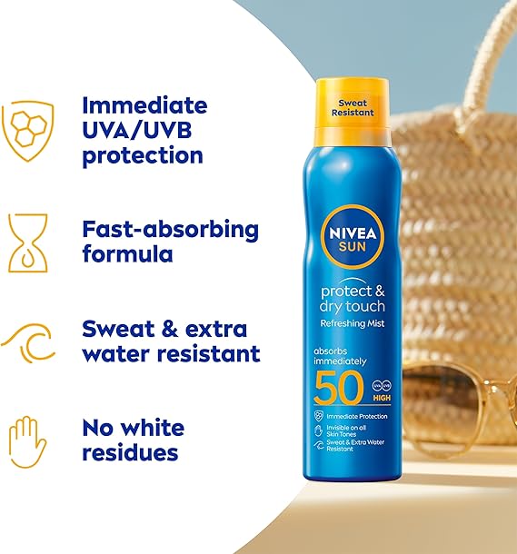 NIVEA SUN Protect & Dry Touch Refreshing Sun Mist Spray SPF50 (200ml), Water-Resistant Sun Spray, Immediate Protection Against UVA/UVB Rays, Sunburns and Premature Ageing (Packing May Vary)