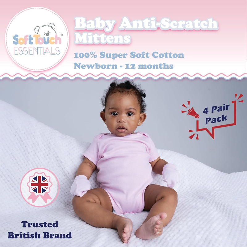 Soft Touch 100% Cotton Baby Anti Scratch Mittens - 4 Pack (Blue)