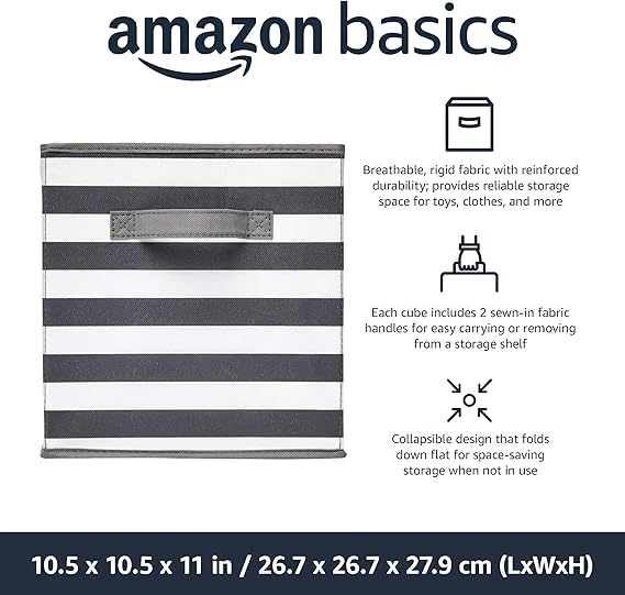 Amazon Basics Collapsible Fabric Storage Cube/Organiser with Handles, Pack of 6, Awning Stripe White/Light Grey, 26.6 x 26.6 x 27.9 cm