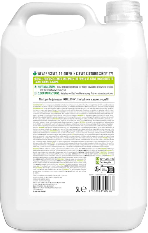 Ecover All Purpose Cleaner Refill, Tackles Dirt & Grime, For Hard Surfaces, Lemongrass & Ginger Scent, Pack of 1, 1 x 5L