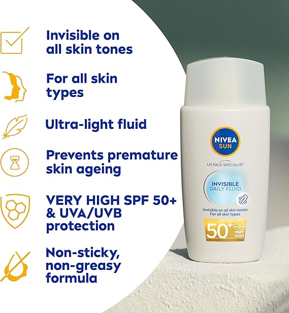 NIVEA SUN UV Face Invisible Daily Fluid SPF50+ (40ml), Face Sunscreen with Niacinamide, 8H Matte Effect SPF50 Face Moisturiser, Invisible On All Skin Tones