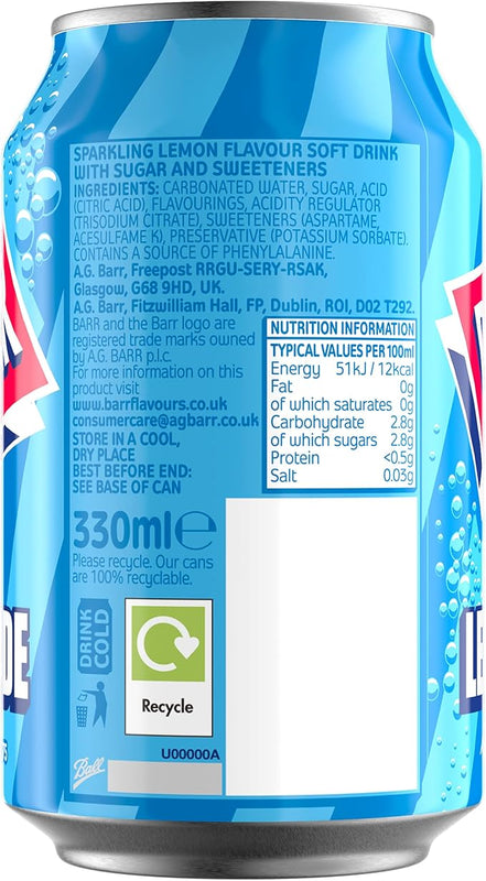 BARR since 1875, 24 Pack Perfect Lemonade, Lemon Flavoured Fizzy Drink - 24 x 330ml Cans