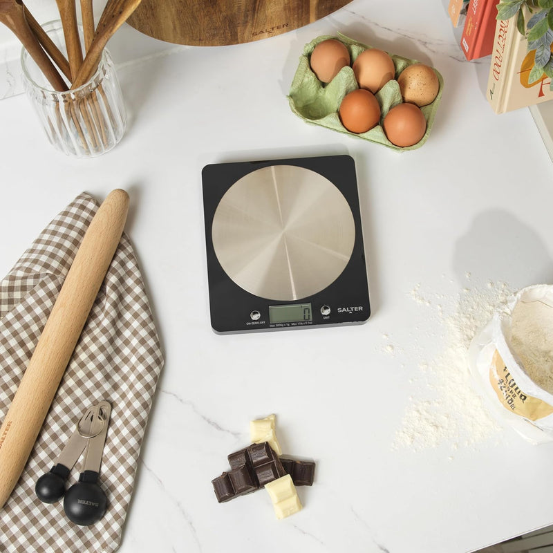 Salter Digital Kitchen Weighing Scales – Stylish Slim Design Electronic Cooking Scale for Home + Kitchen, Weigh Food 5000g + Liquids in ml and fl. Oz. – Black