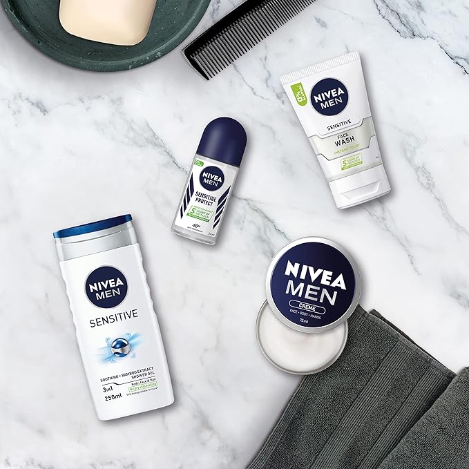 NIVEA MEN Set To Go Wash Kit Gift Set (5 Pieces), Men's Gift Set Includes Shower Gel, Face Wash, Anti-Perspirant Roll-On, Moisturising Cream and Hanging Wash Bag