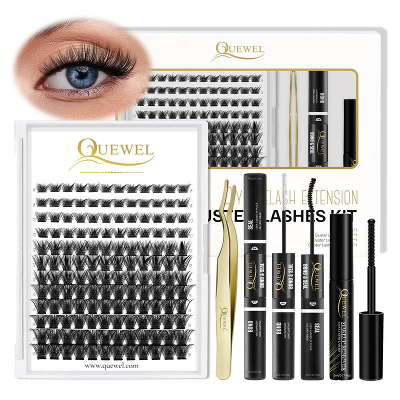 Individual-Lashes 144 Cluster-Lashes QUEWEL DIY Eyelash-Extensions-Kit, Clusters Eyelash Applicator, Cluster Lashes Bond and Seal Super Hold, Clusters Lash Glue Remover Easy to Remove(QU-RR-DH-01)