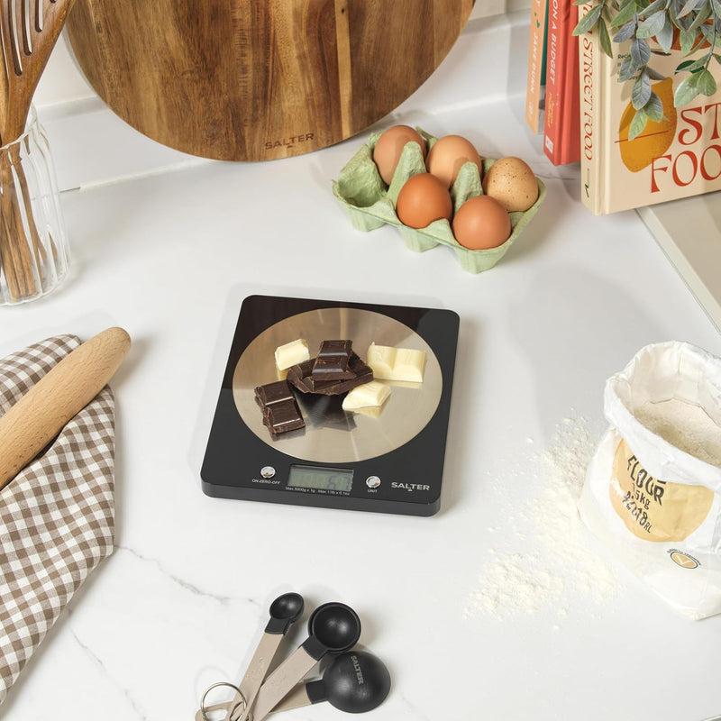 Salter Digital Kitchen Weighing Scales – Stylish Slim Design Electronic Cooking Scale for Home + Kitchen, Weigh Food 5000g + Liquids in ml and fl. Oz. – Black