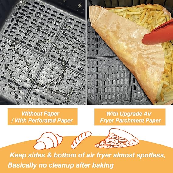 BYKITCHEN Air Fryer Parchment Paper Liner, 50PCS Square Air Fryer Liners Disposable, Greaseproof Paper, Compatible with COSORI, Ninja, Tefal, Russell Hobbs Fryers (Unbleached)