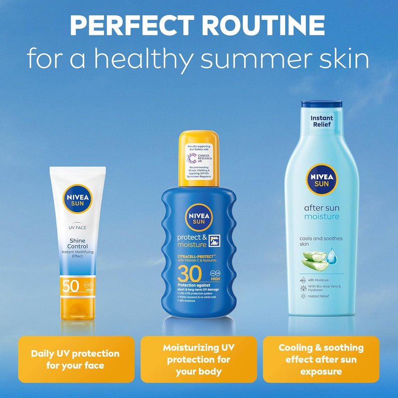 NIVEA SUN Protect & Moisture Sun Spray SPF 30 (200 ml), Moisturising Suncream Spray with SPF 30, Advanced Sunscreen Providing Immediate UVA + UVB Protection, Fast-Absorbing No White Cast Formula